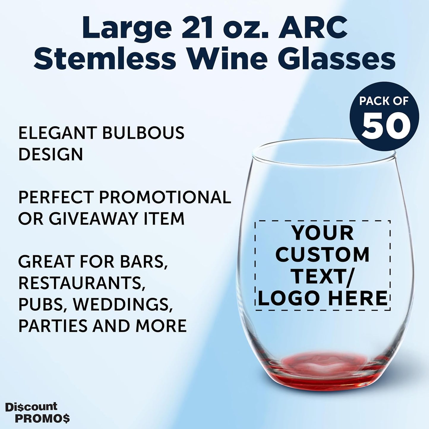 DISCOUNT PROMOS 50 ARC Stemless Wine Glasses Set, 21 oz. - Customizable Text, Logo - Chardonnay, Cabernet, Merlot, Sauvignon - Red