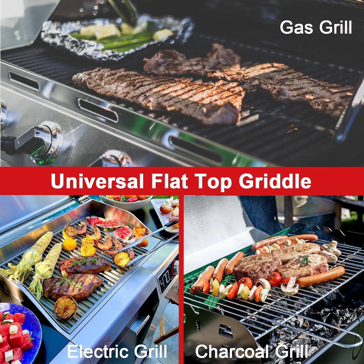 Universal Griddle 25"x16" Insert for Electric/Charcoal/Gas Grills, Nonstick Skillet Plate Teppanyaki for Party Outdoor Cooking Camping Tailgating,Carbon Steel Flat Top Griddle Plate with Grease Groove