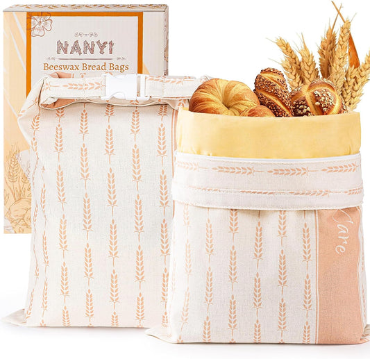 2-Pack Reusable Beeswax Bread Bags for Sourdough & Homemade Bread，Cotton Waxed Bags Keeps Fresh Longer(Amber Wheat)