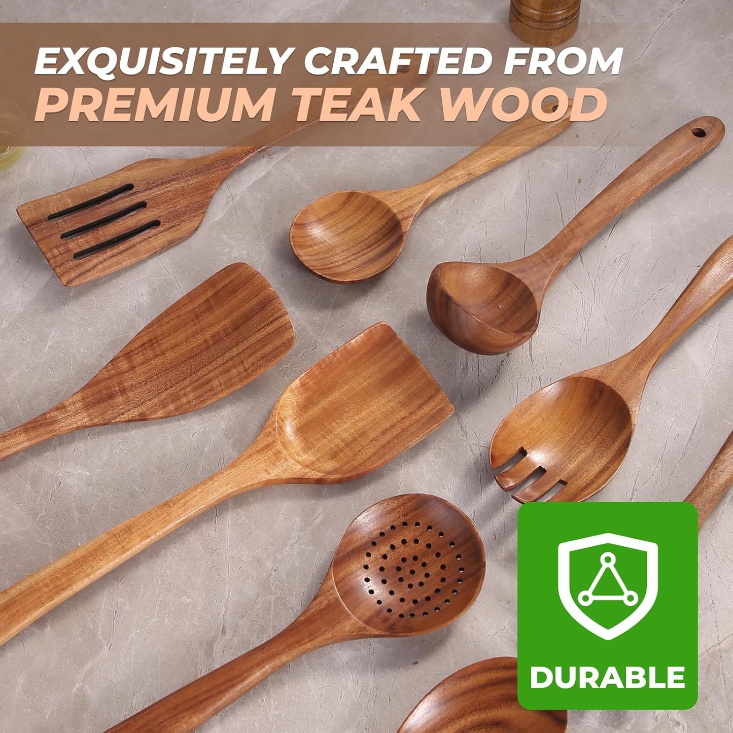 AIUHI Natural Teak Wood Kitchen Utensil Set, 9Pcs Wooden Spoons for Cooking, Cooking Utensils Set for Nonstick Cookware, Durable & Heat Resistant