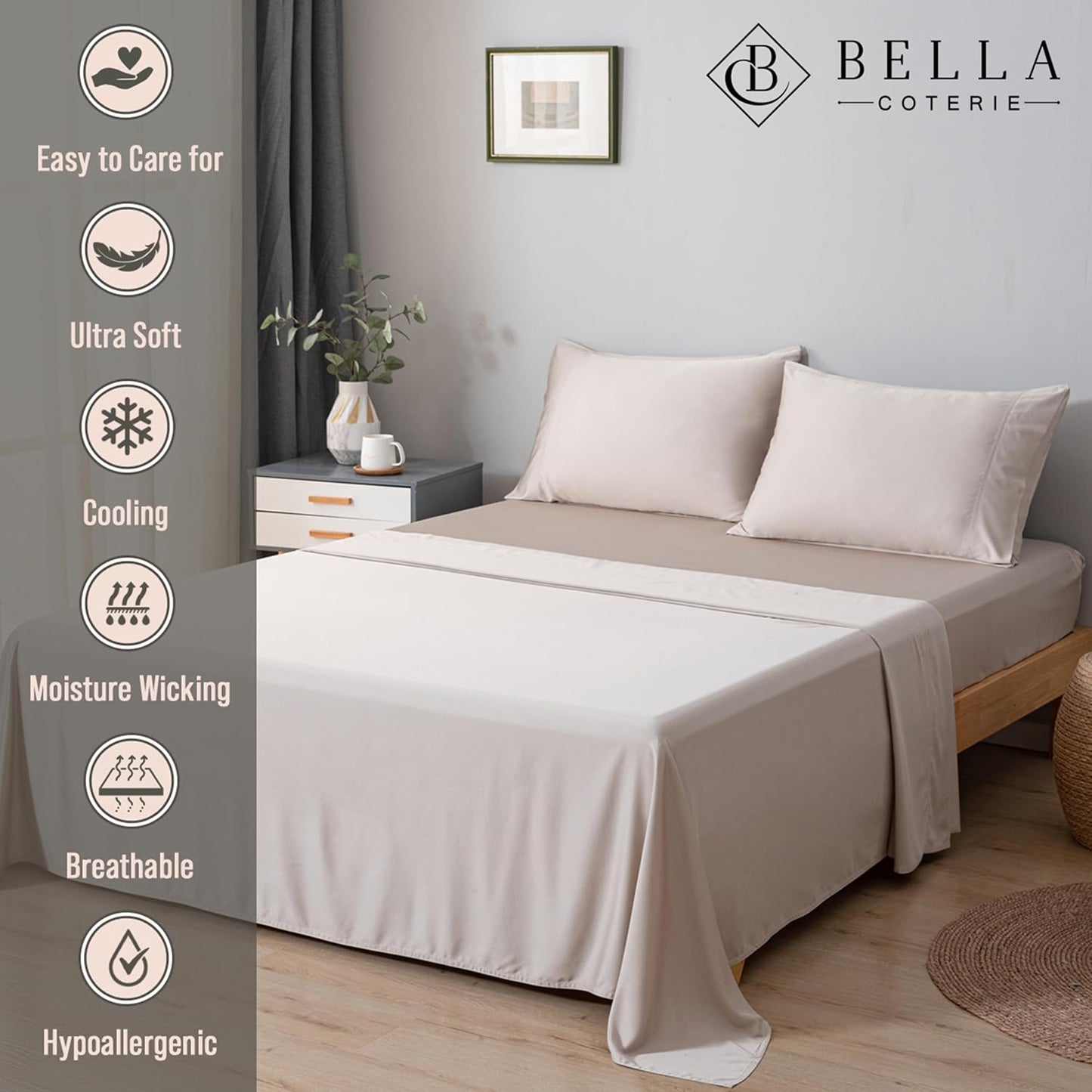Bella Coterie Luxury Bamboo Viscose Full Size Sheet Set | 100% Organically Grown | Ultra Soft | Cooling for Hot Sleepers | 18" Deep Pocket [Dune]