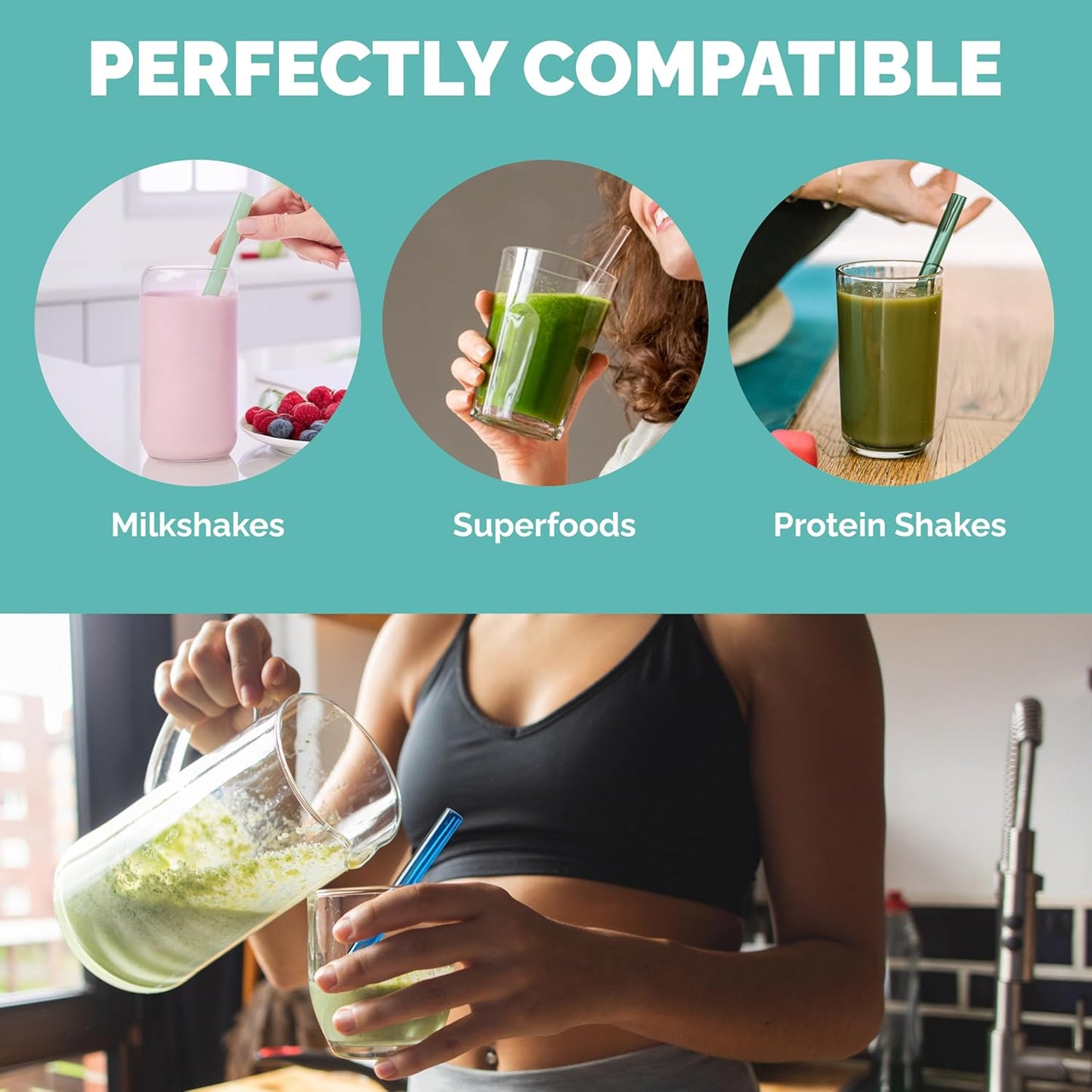 Simply Straws Wide Glass Straws (6-Pack) - 10in x 12mm Reusable Glass Smoothie Straws for Milkshakes, Juices & Slushies, with Cleaning Brush - Dishwasher Safe, Hot & Cold Use, BPA-Free (Iridium)