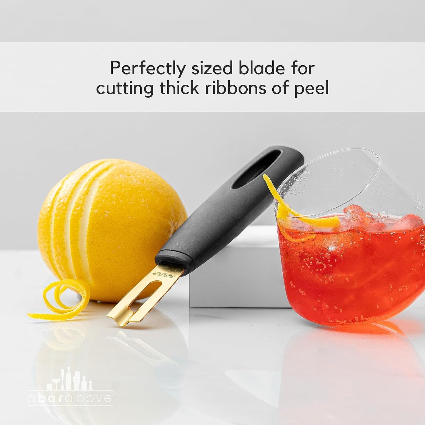 A Bar Above Black Handle Gold Blade Channel Knife, Premium Stainless Steel Garnish Tool for Cocktails, Citrus Peeler, Lemon Zester, Chef Tool for Garnishing and Drink Presentation