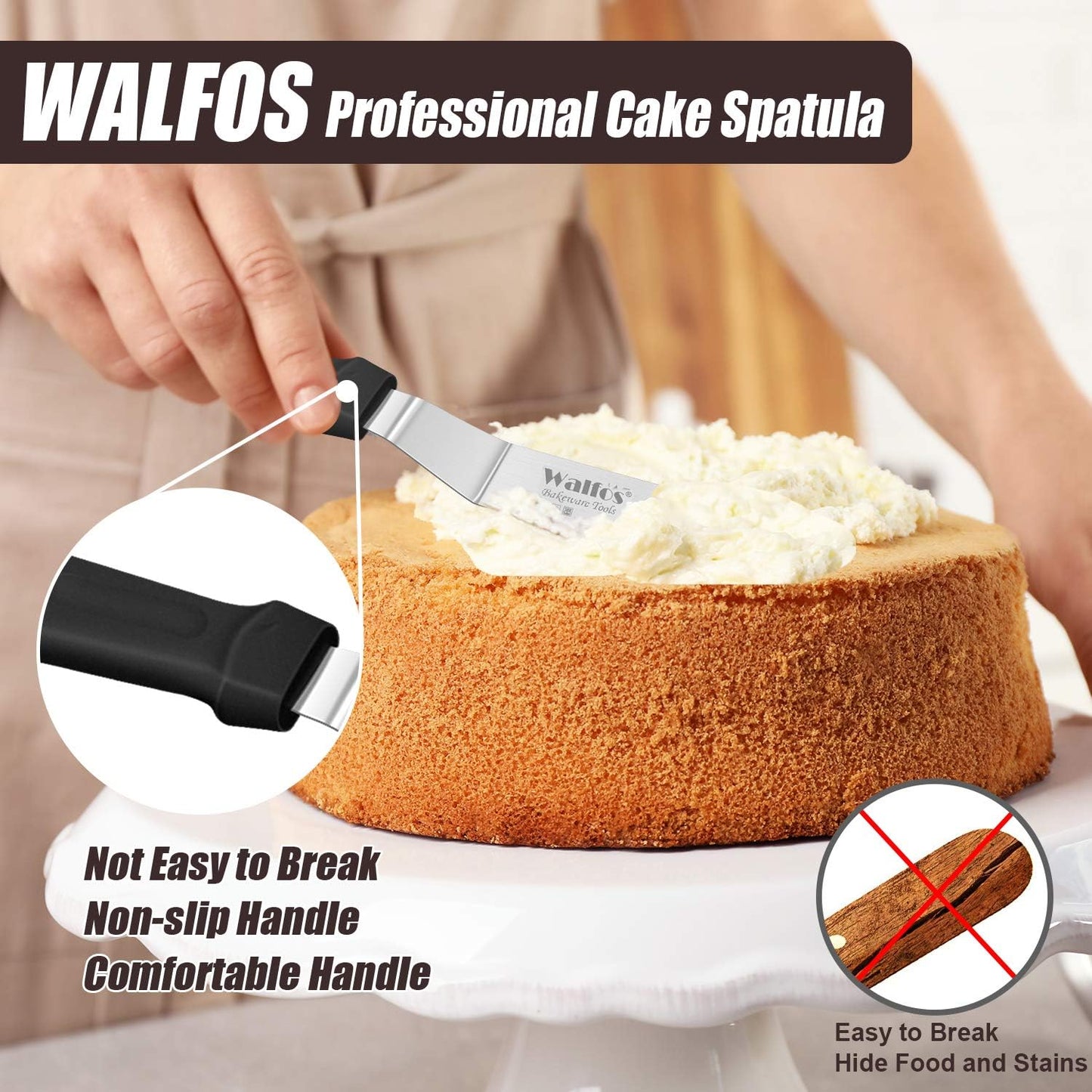 Walfos Icing Spatula, Stainless Steel Cake Spatula with Sturdy and Durable Handle Cake Decorating Spatula - Multi purpose Use for Home, Kitchen or Bakery (6” Angled + 8" Straight)…