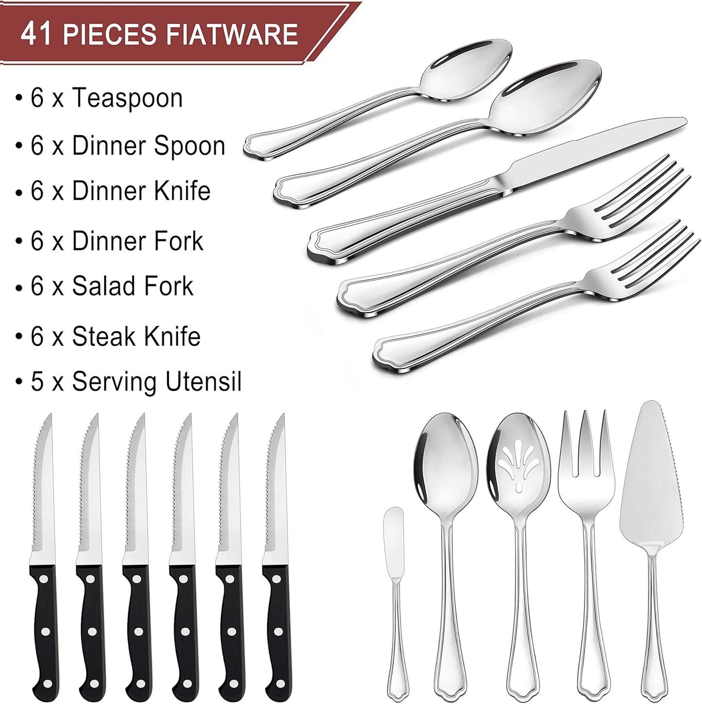 LIANYU 41-Piece Silverware Flatware Set for 6, Plus Steak Knives and Serving Utensils, Stainless Steel Flatware Cutlery Set, Eating Utensils Tableware with Scalloped Edge, Dishwasher Safe