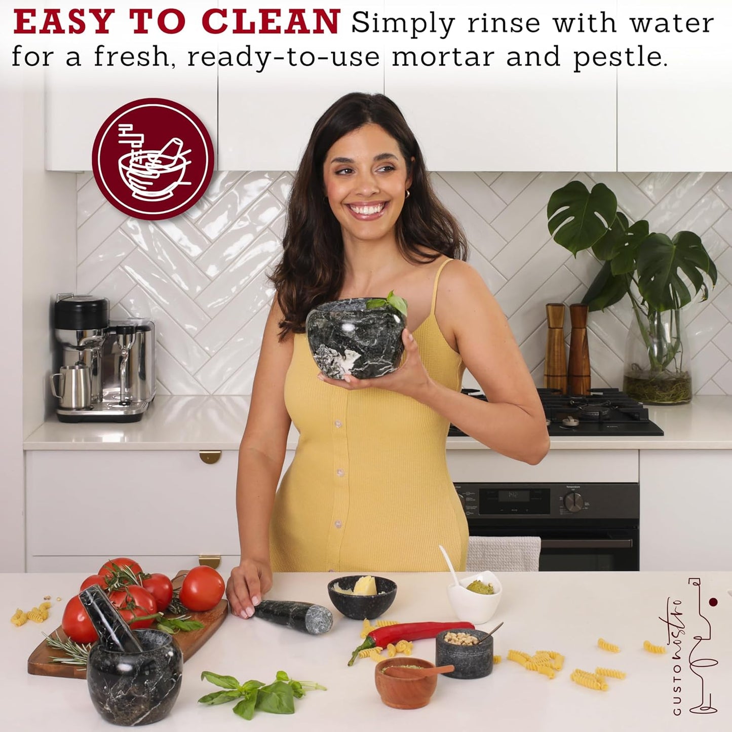 Gusto Nostro Natural Marble Mortar and Pestle Set | 6 Inch - 3.5 Cup Extra Large Mortar Pestle Set for Grinding Herbs, Nuts, Grains | Pesto Grinding and Guacamole Stone Bowl | Marble Spice Crusher