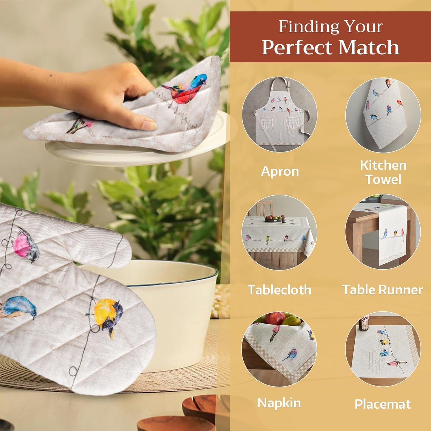 Maison d'Hermine Oven Gloves 100% Cotton Oven Mitt 7" x 13" with Loop Heat Resistant, BBQ, Cooking Gloves, Baking, Grilling, Kitchen, Handling Hot Pans Spring/Summer (Pack of 1, Birdies On Wire)