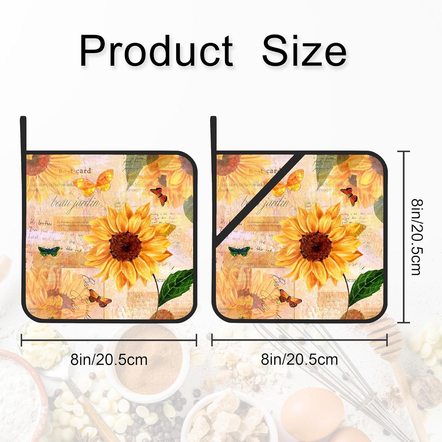Pot Holder Set of 2,Vintage Sunflower Retro Kitchen Heat Resistant Potholder for BBQ Cooking Baking,Food Hot Pat for Women Men Kitchen Wear