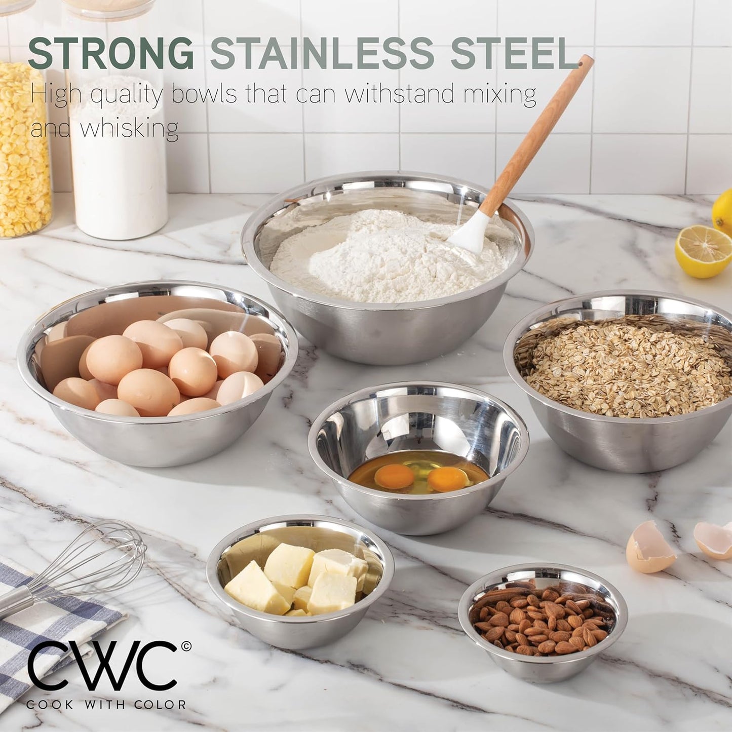 COOK WITH COLOR Stainless Steel Mixing Bowls Set - Nesting Bowls, 6 Pieces, Silver with Non Slip Bottom