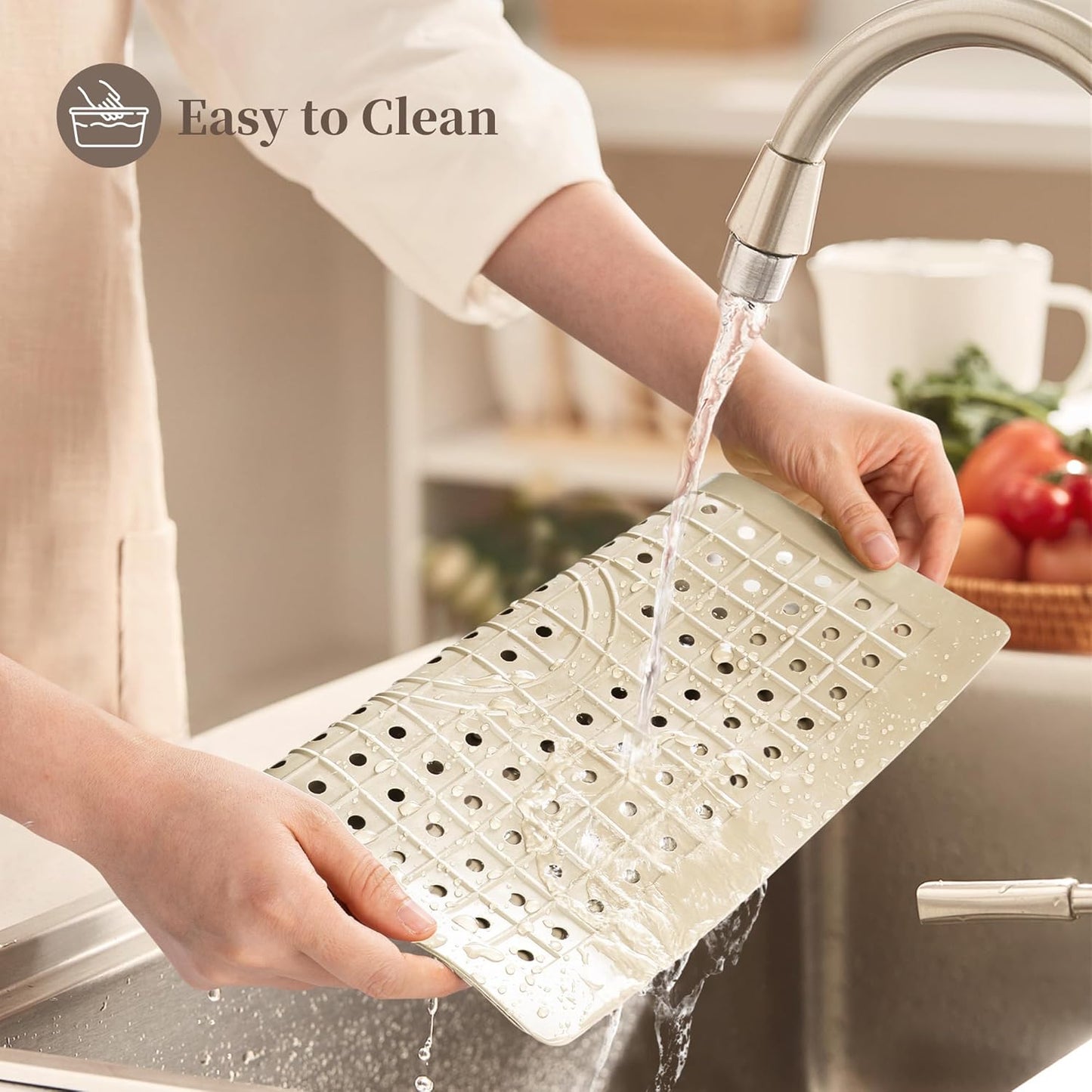 WILLKOMMEN Kitchen Sink Mat, 12" x 10" Rectangular Sink Protector Pad, Fast-Draining Grid Design Liner, Dish Drying Mat 2 Pack Beige