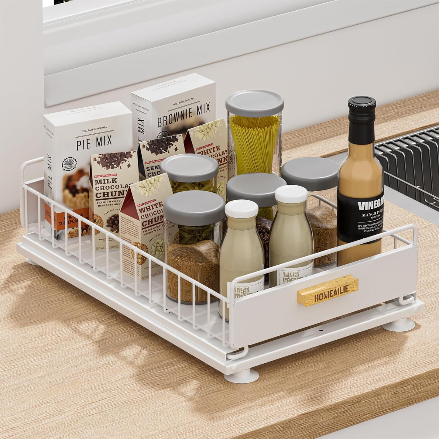 Under Sink Organizer, Single Tier Metal Pull Out Sliding Drawer Shelf for Kitchen Bathroom Cabinet Storage, Sturdy Rack – White