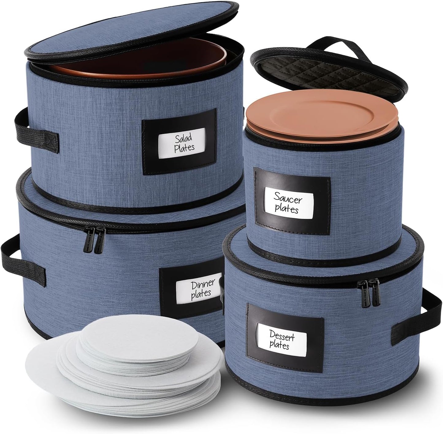 Fine China Storage Containers Hard Shell, 4 Piece Dish Storage Containers, Quilted Plate Containers, Stackable Dish Organizer with Dividers, Dinnerware Storage for Moving and Seasonal Storage, Blue