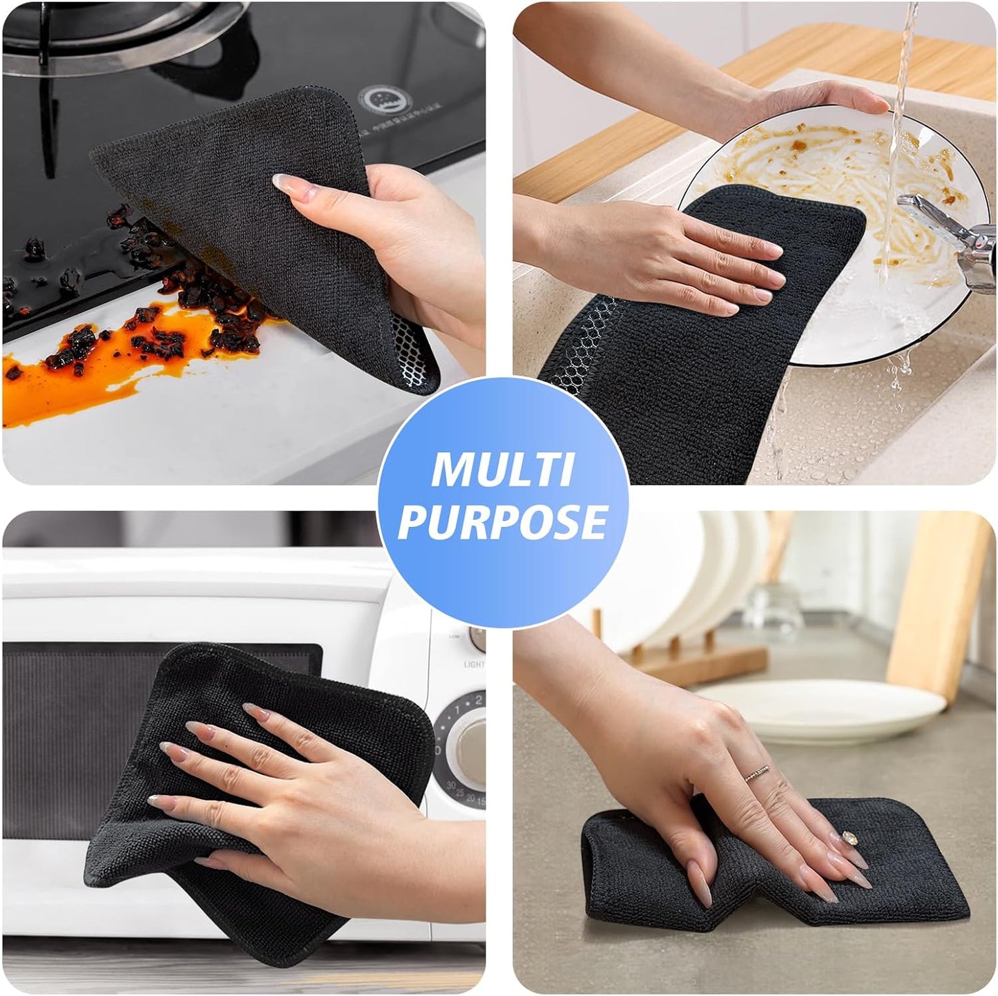 KinHwa Kitchen Washcloths for Dishes Absorbent Microfiber Dish Cloths Quick Dry Dish Rags with Poly Scour Scrub Side Ideal for Kitchen Cleaning (Black, 7inchx7inch 12 Pack)