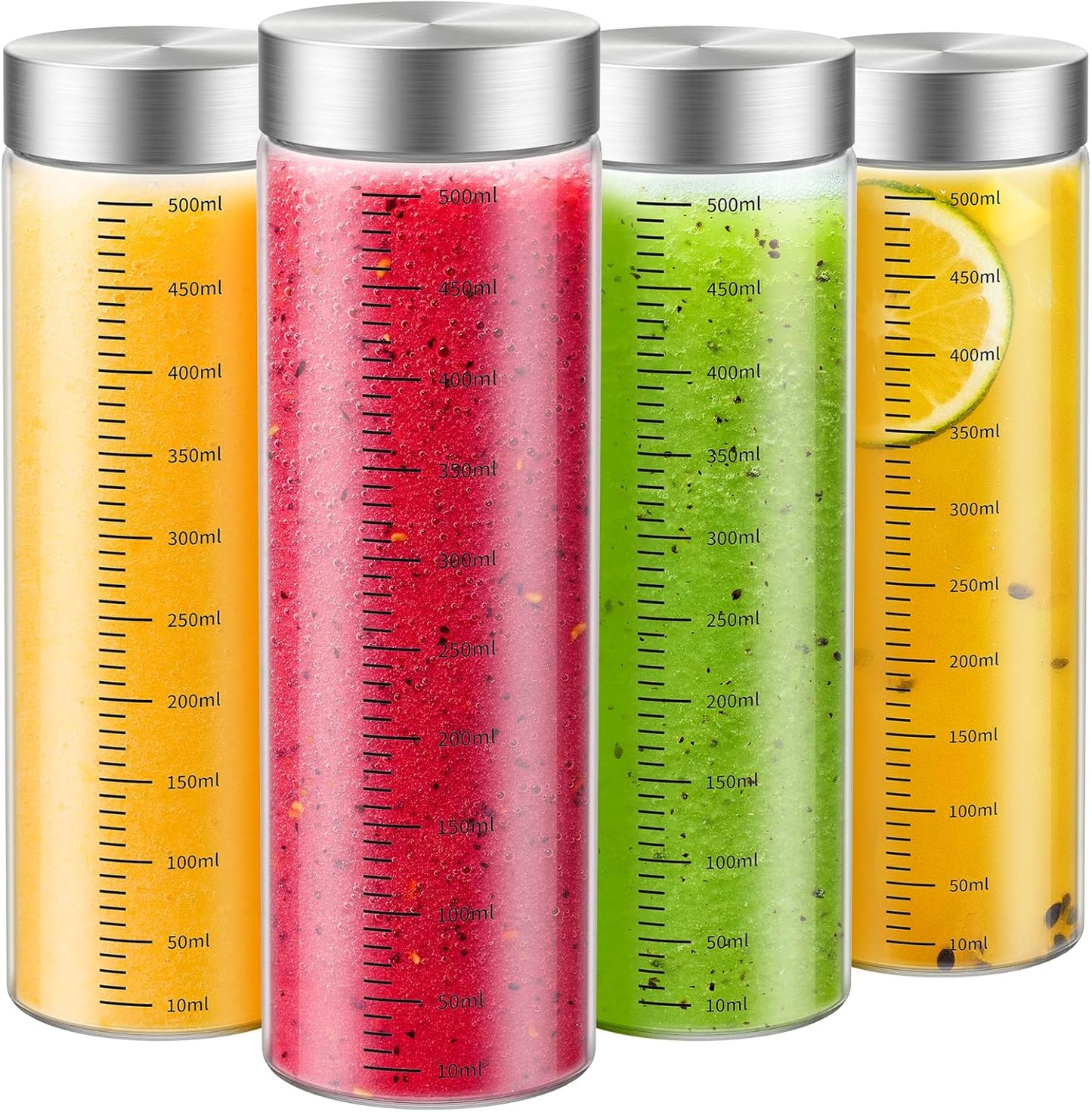 18 Oz Glass Bottles, 4 Pack Glass Juice Bottles with Lids, BPA Free, Borosilicate Glass, Leak Proof Lids for Juicing, Smoothies, Infused Water, Beverage Storage, Shaker Bottles