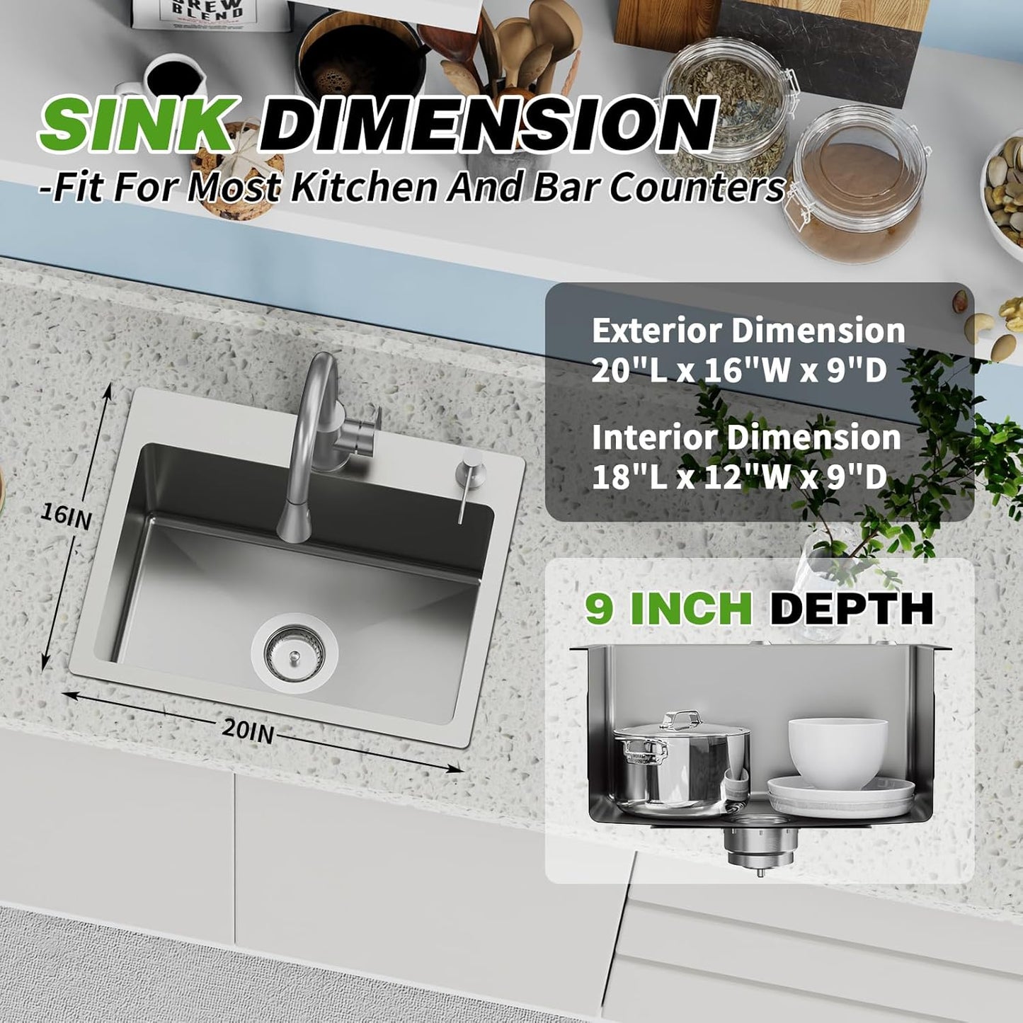 20x16 In Kitchen And Bar Sink- Stainless Steel Drop In Kitchen Sink Modern Single Bowl Topmount Bar Sink With Silicon Mat,Drain Strainer Set Compatibility With Various Kitchen & Bar Style