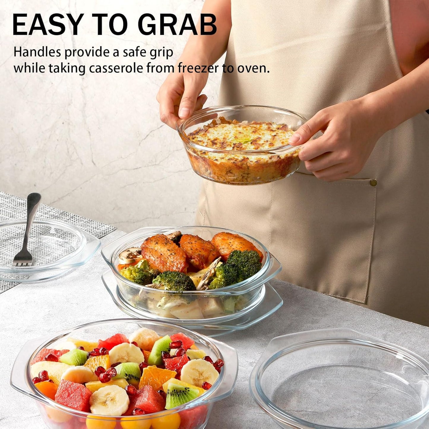 ZYER Round Glass Casserole Dish Set, 3 Sizes (0.65L, 1L, 1.4L) with Glass Lids