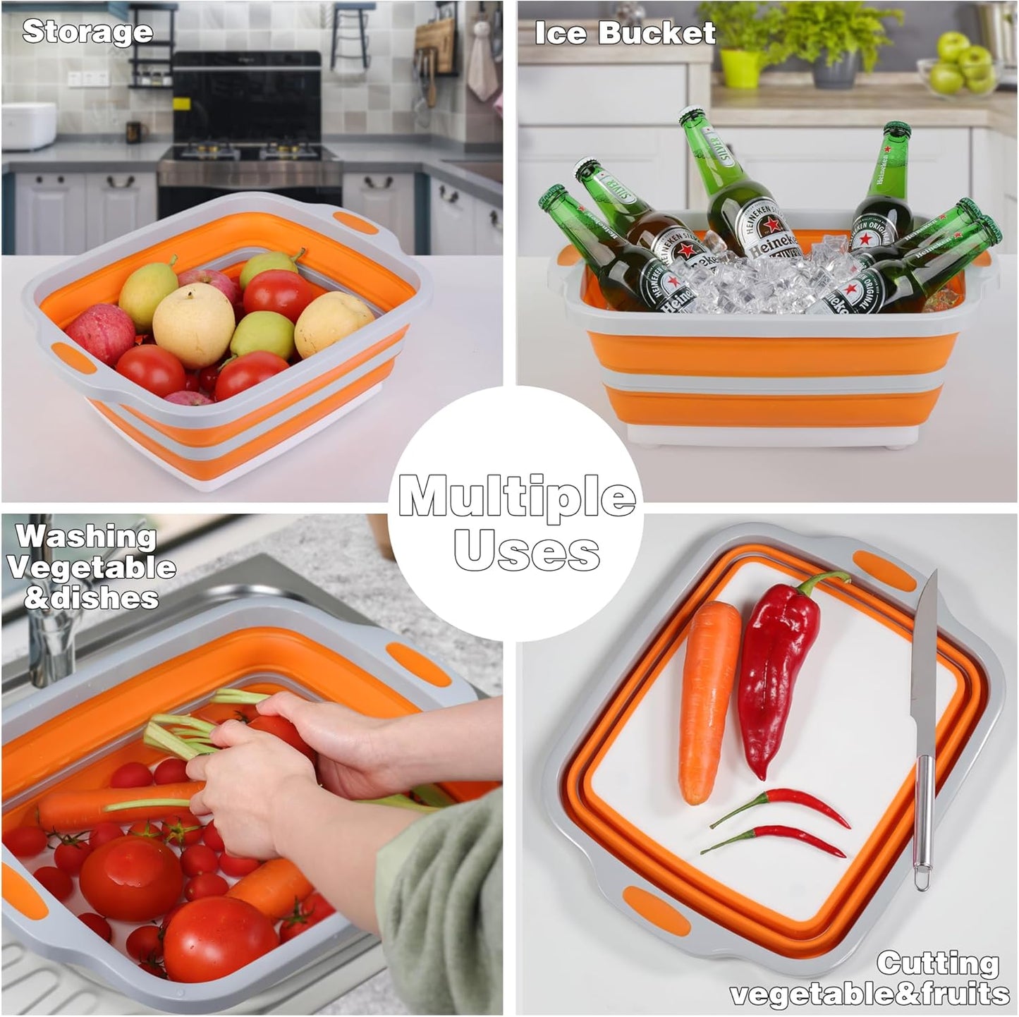 Tiawudi Collapsible Cutting Board with Container, Foldable BBQ Prep Tub, Sapce Saving Dish Basin for Kitchen, Camping, Picnic, Vegetable and Fruit, 2.11 Gal / 8L Portable Sink