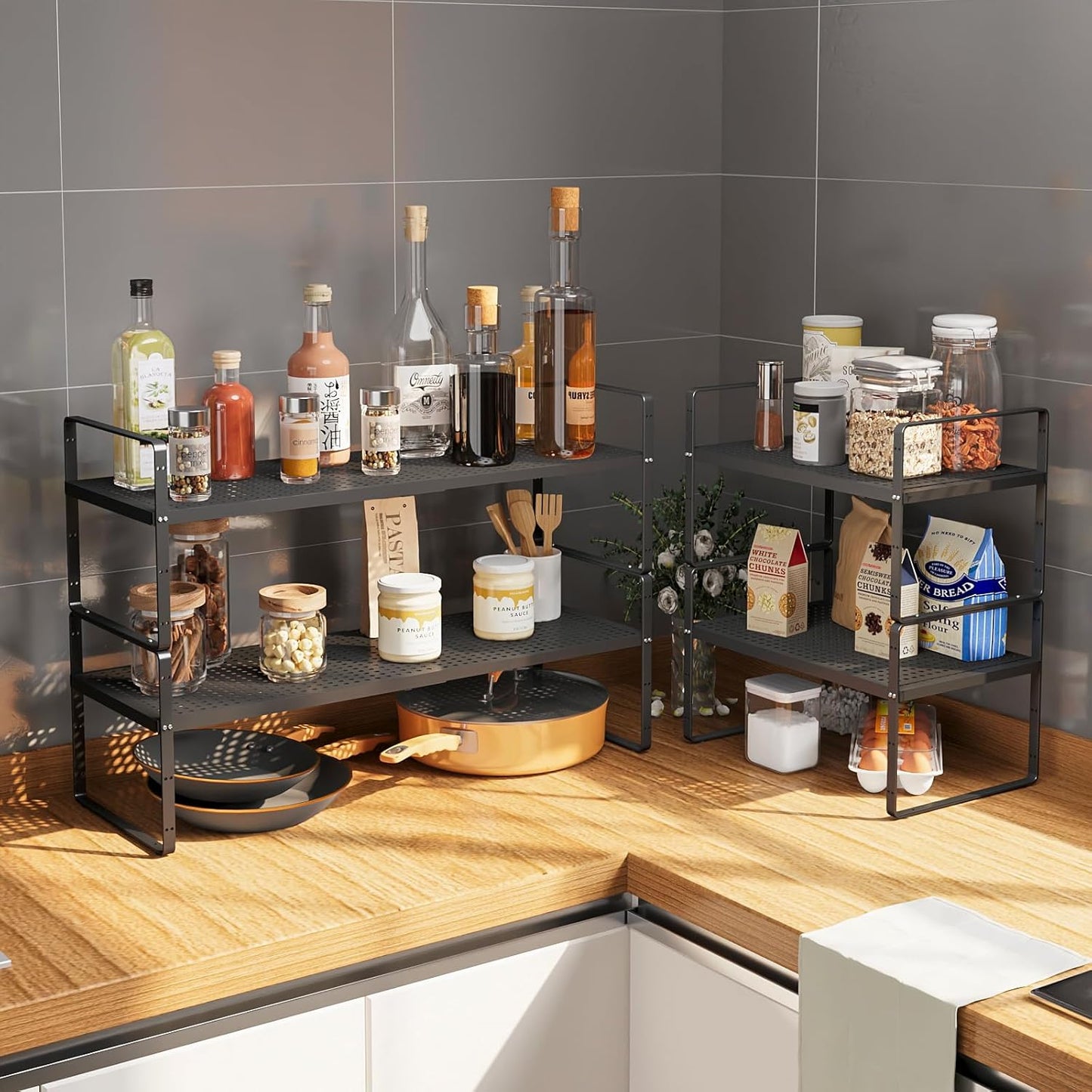 Hole Pattern Expandable Shelf Organizer,2Pack 8.1" Wide Easy to Assemble Cabinet Organizer Shelf, 16.5~27.1" Adjustable Height&Stackable Spice Organization for Cupboard, Black