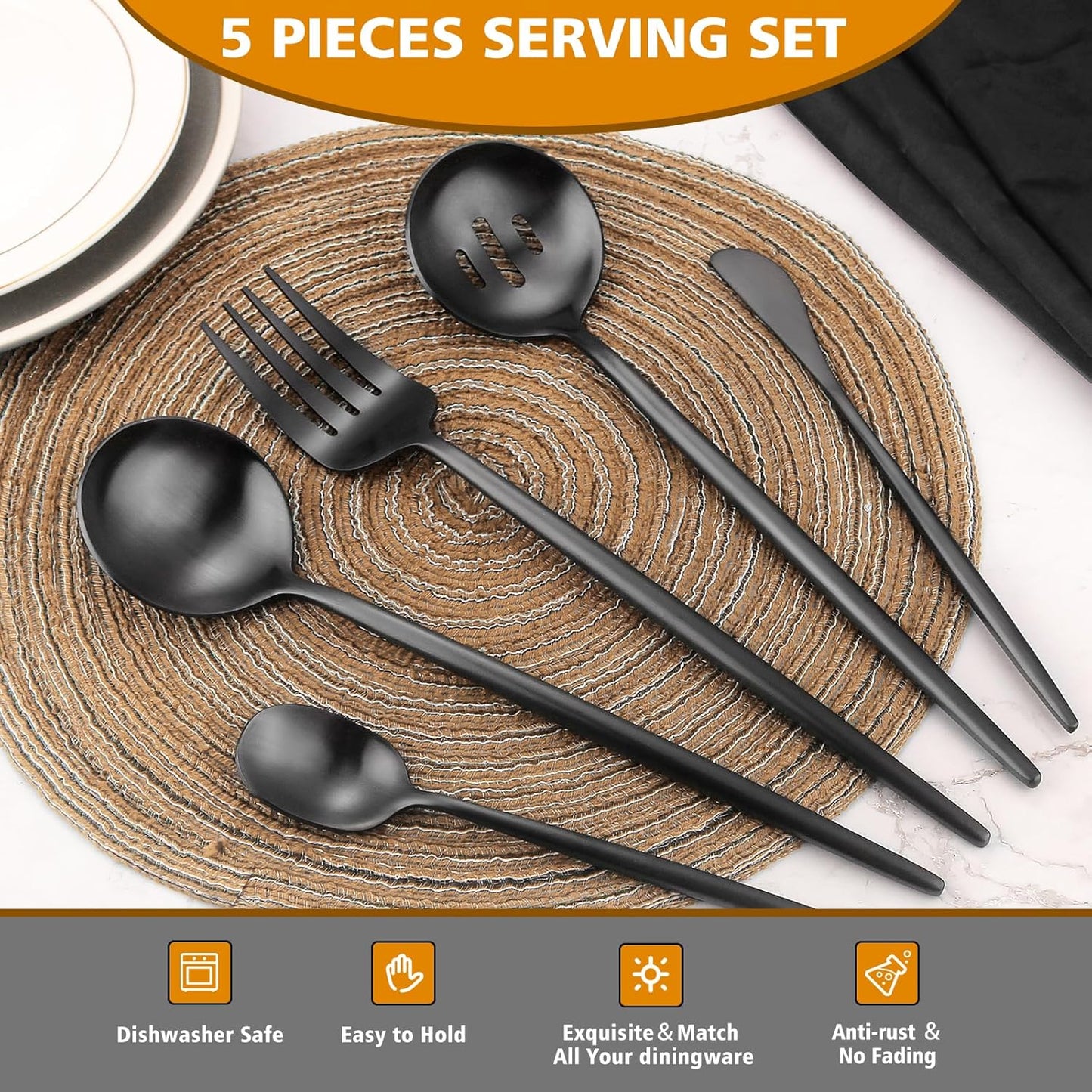 Matte Black Serving Set，Oliviola 5-Piece Stainless Steel Large Hostess Set with Round Edge, Satin Finished, Dishwasher Safe -Large Spoon, Large Fork,Butter Knife，Sugar Spoon & Slotted Spoon