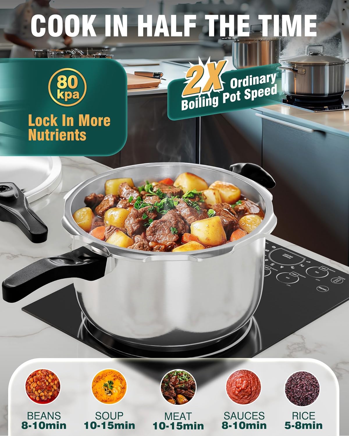 WantJoin Stainless Steel Pressure Cooker(Non-Aluminum),10 Quart Induction Compatible Pressure Cooker with Spring Valve Safeguard Devices,Compatible with Gas & Induction Cooker