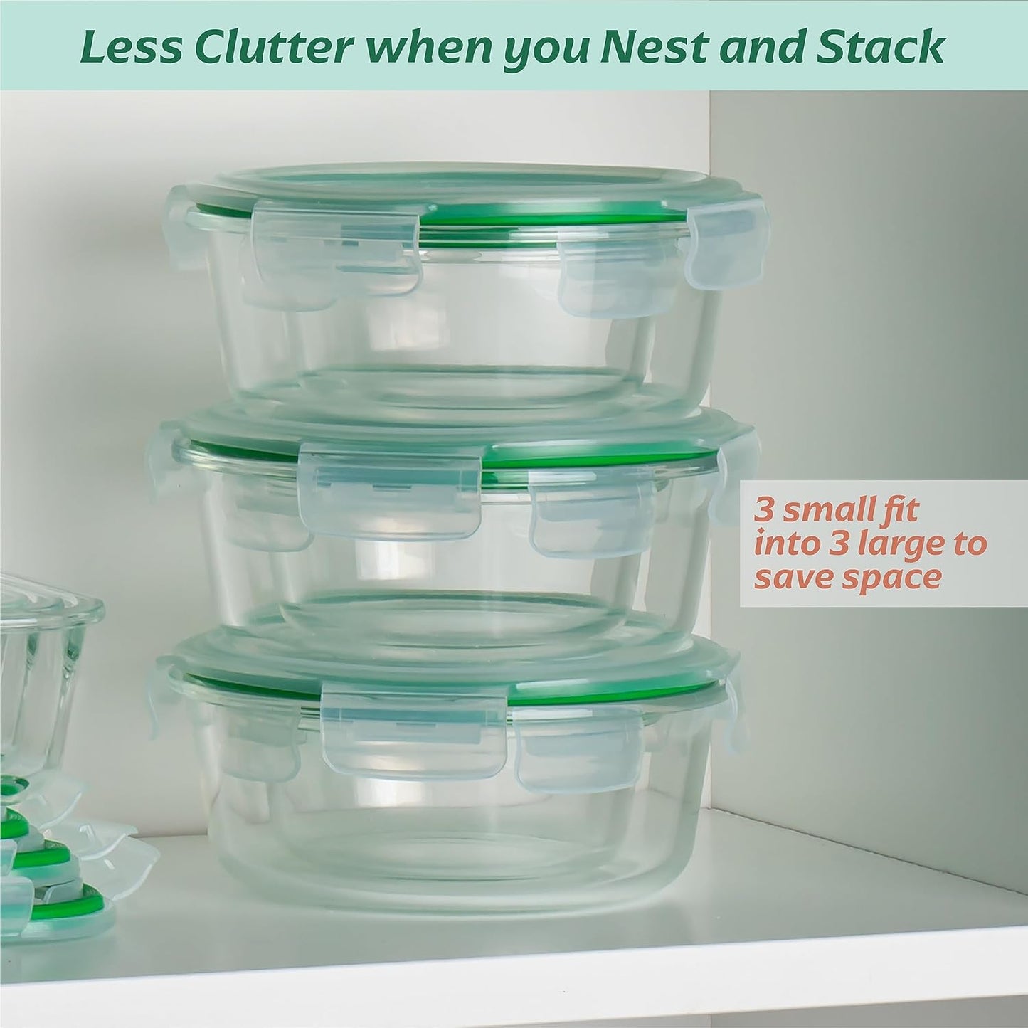 Fusion Gourmet Round Glass Storage Containers with Lids [6 pack] Microwave Safe, Leak-proof, Dishwasher Safe, Oven Safe for Meal Prep Tupperware Set (3 Large + 3 Small, Green)