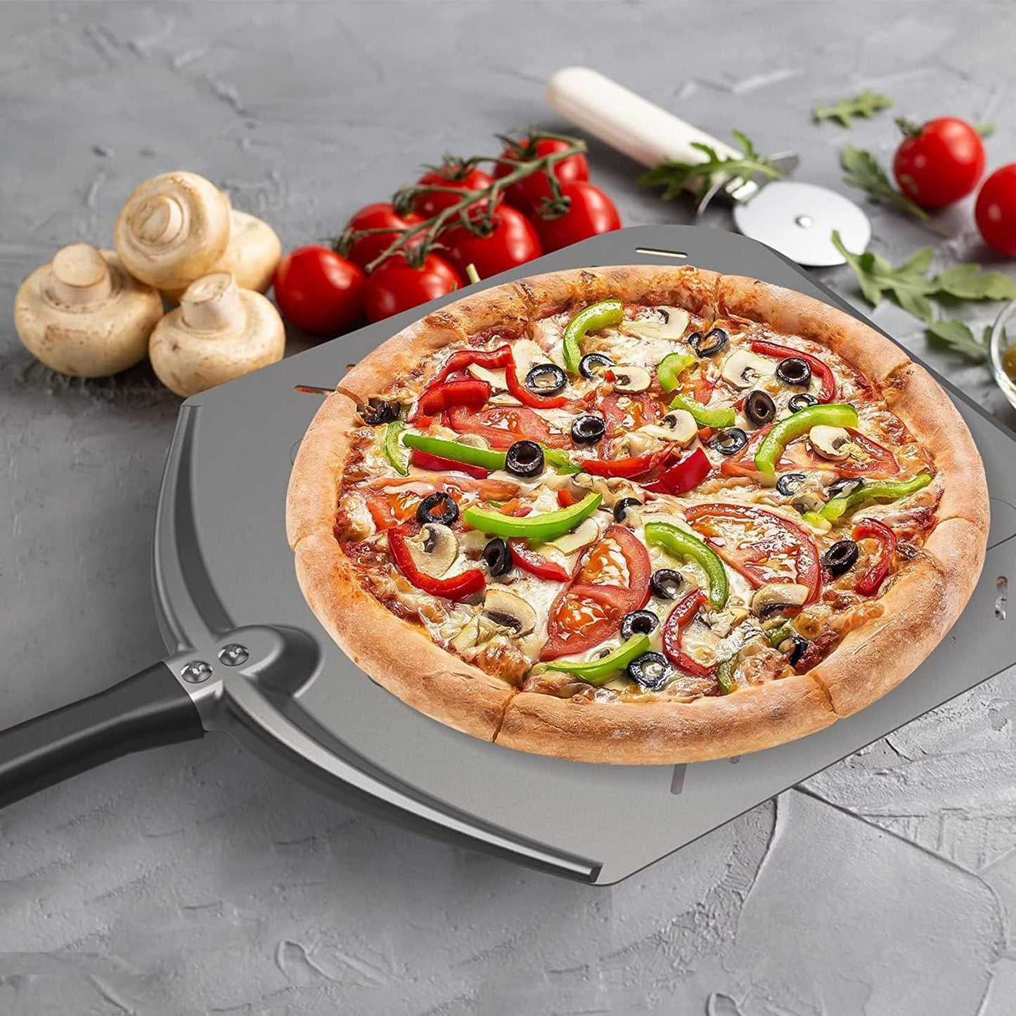 Q Pizza Perforated Pizza Peel 14", Non-stick Pizza Turning Paddle Pizza Oven Accessory, Extra Large Metal Pizza Spatula for Grill Oven Baking Bread Pastry Dough Pie Cake, Aluminium PT204