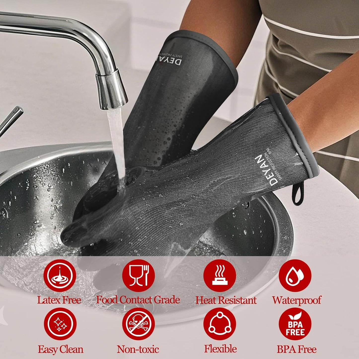 DEYAN Silicone BBQ & Oven Gloves - Food Grade, Heat Resistant Waterproof & Oil Proof Gloves for Grilling, Baking, Frying, Cooking - Long Sleeve & Non-Slip Grip, 1 Pair(Black, 10/XL)