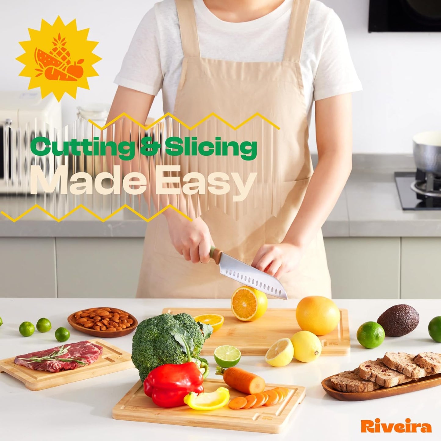 Riveira Brown Bamboo Wood Cutting Board – Gourmet Bamboo Grandeur: 8 x 8 Wooden Cutting Board – Wooden Cutting Boards For Kitchen Decorative – Innovative Juice Grooves Wooden Chopping Board