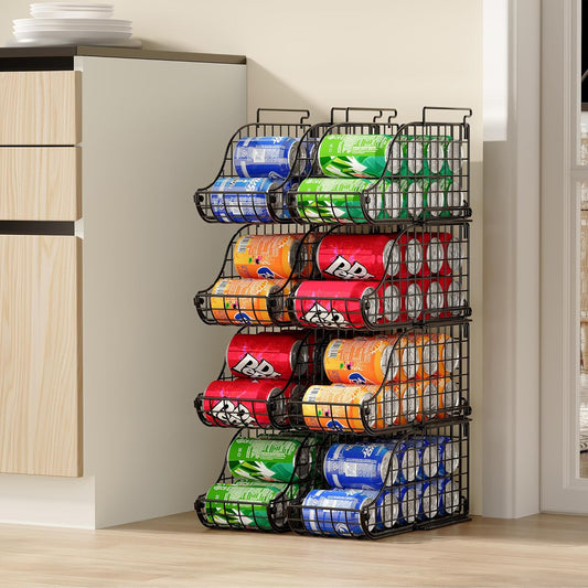 4-Pack Stackable Canned Food Organizer with Handles for Kitchen, Soda Can Organizer for Pantry Shelves, Wire Cabinet Shelf for Can Storage, Foldable Soda Dispenser, Patent Pending, Black