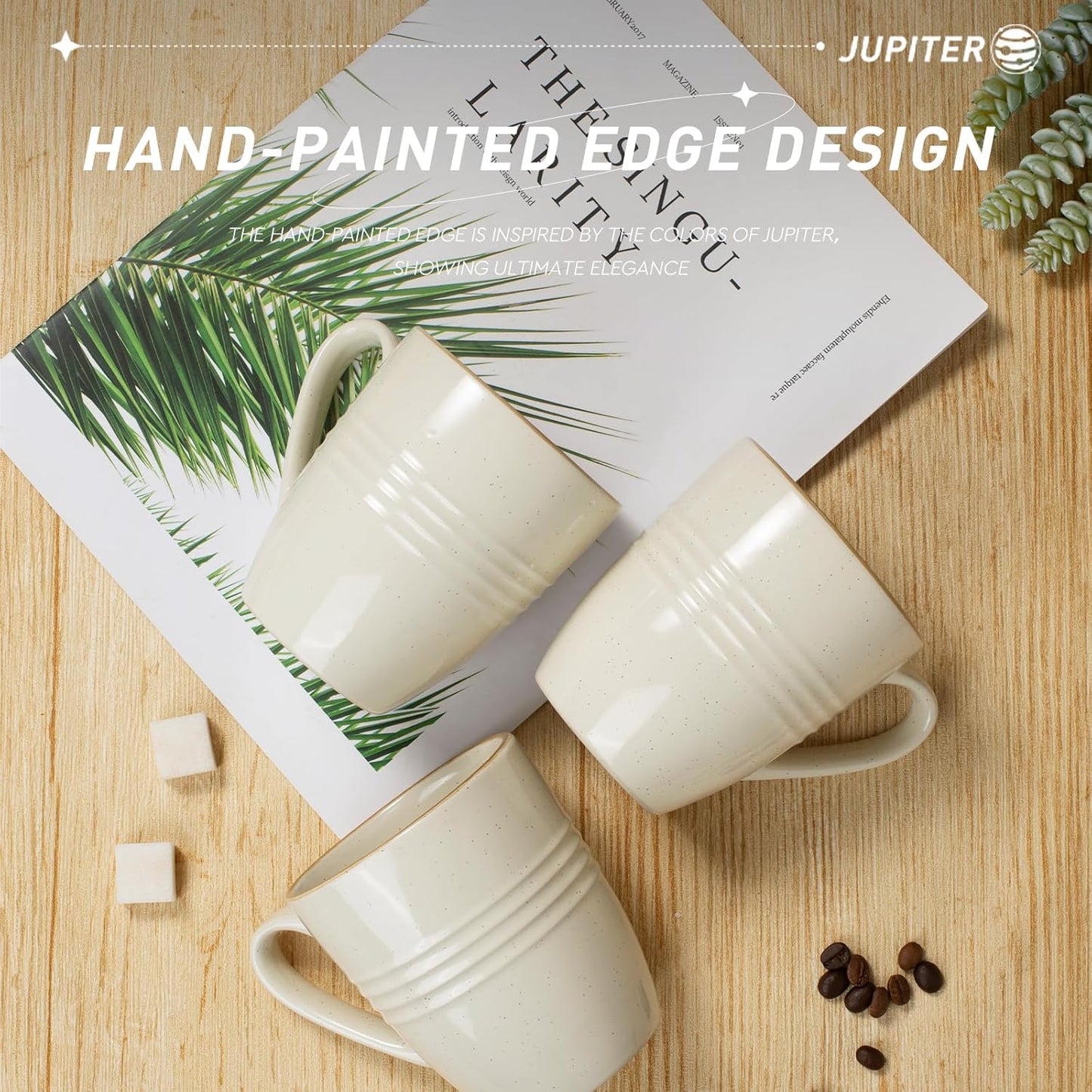 famiware Jupiter Coffee Mugs Set of 4, 14 OZ Coffee Mug, Microwave and Dishwasher Safe, Coffee Cups with Handle for Coffee, Tea, Cocoa, Milk, Vanilla White