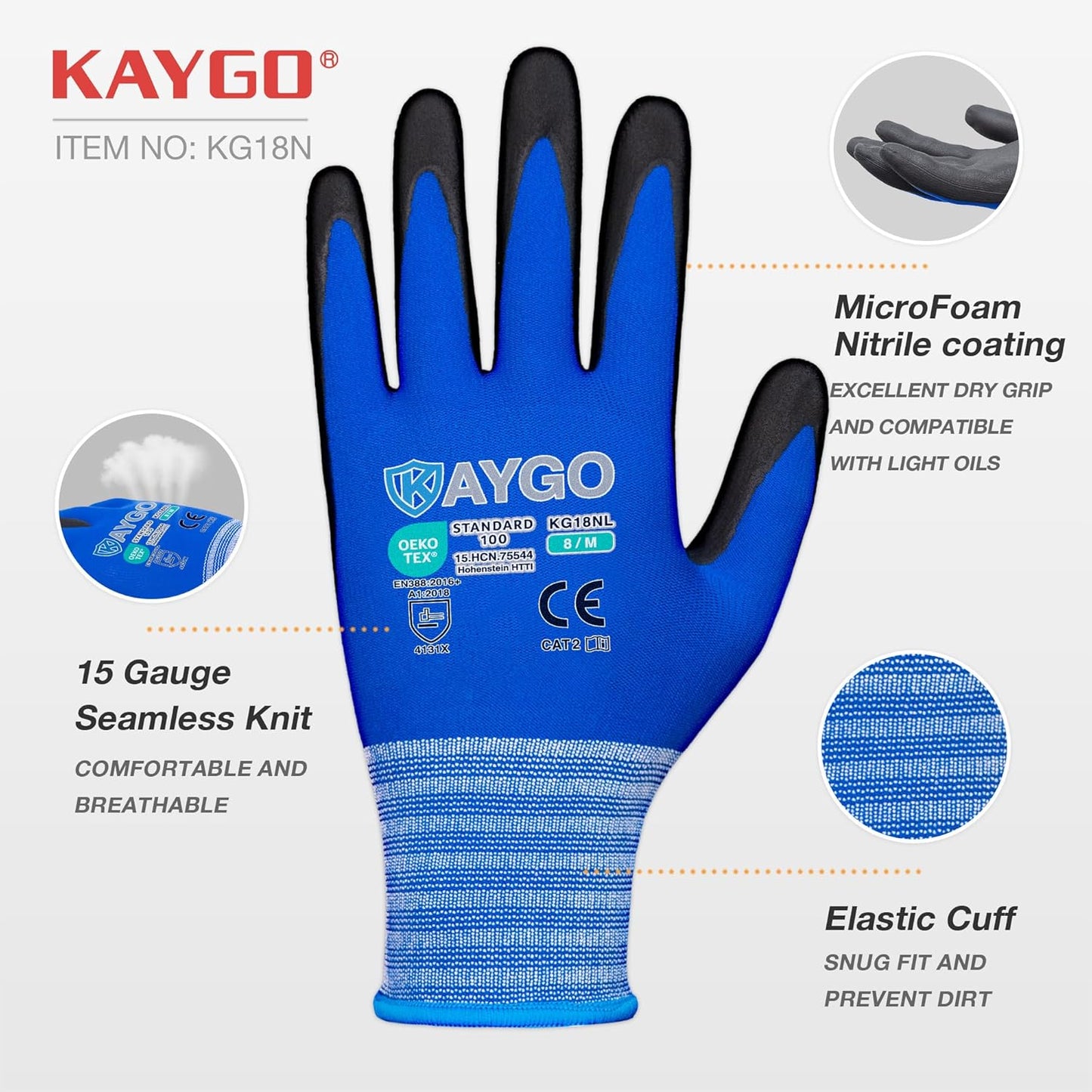 KAYGO Safety Work Gloves MicroFoam Nitrile Coated, 3 Pairs, KG18NB,Seamless Knit Nylon Glove with Black Micro-Foam Nitrile Grip,Ideal for General Purpose,Automotive,Home Improvement,Blue, XL