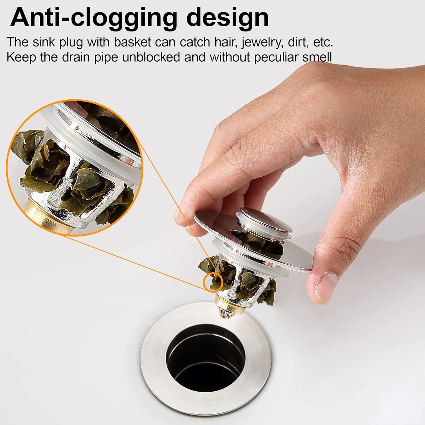 Bathroom Sink Drain Stopper for 1.1 to 1.5 inch Standard Drain Holes, Pop-up Sink Stoppers, Bullet Core Push Type Basin Drain Filter, Anti Clogging Stainless Steel Sink Strainer With Basket, Brushed