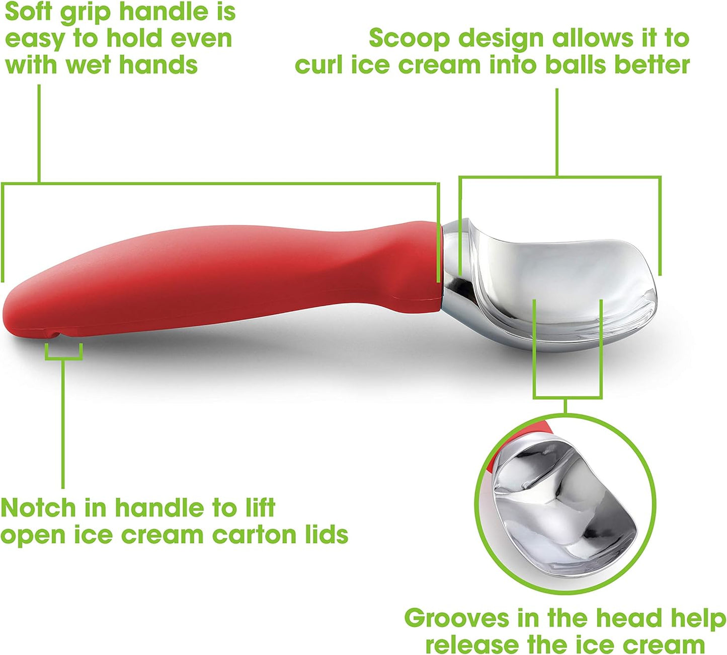 Spring Chef Red Heavy Duty Ice Cream Scoop - Stainless Steel Ice Cream Scooper with Non-Slip Handle - Premium Metal Kitchen Tool for Gelato, Sorbet, Melon - Dishwasher Safe Icecream Spoon