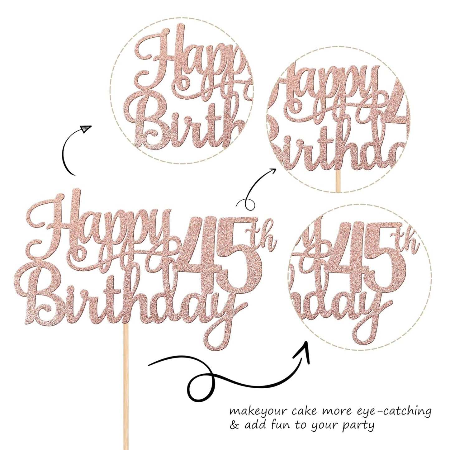 1 PCS Happy 45th Birthday Cake Topper Glitter Cheers to 45 Years Birthday Cake Pick 45 Fabulous Cake Decoration for Happy 45th Birthday Theme Party Decorations Supplies Rose Gold