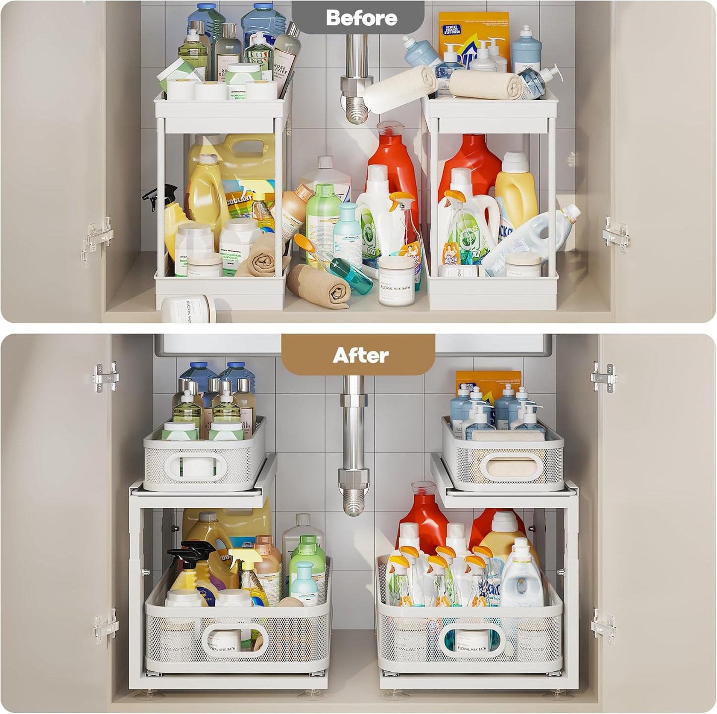 2 Pack 18.5IN-Depth Under Sink Organizer With Next-Gen Ball-Bearing Slides,2-Tier Precision Mesh Pull Out Cabinet Storage for Bathroom&Kitchen,Height Adjustable Drawers Shelf,Anti-rust-White