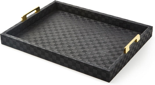 MACKENZIE-CHILDS Black Faux-Leather Tray with Handles, Rectangular Tray for Serving, Large