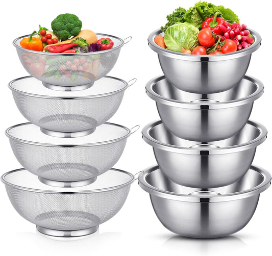 8 Pcs Stainless Steel Microporous Colander Set with 1.2qt 2qt 3qt 5qt Capacity Strainer with Metal Mixing Bowls, Fruit Cleaning Bowl with Strainer for Draining Pasta Vegetables Meat Kitchen