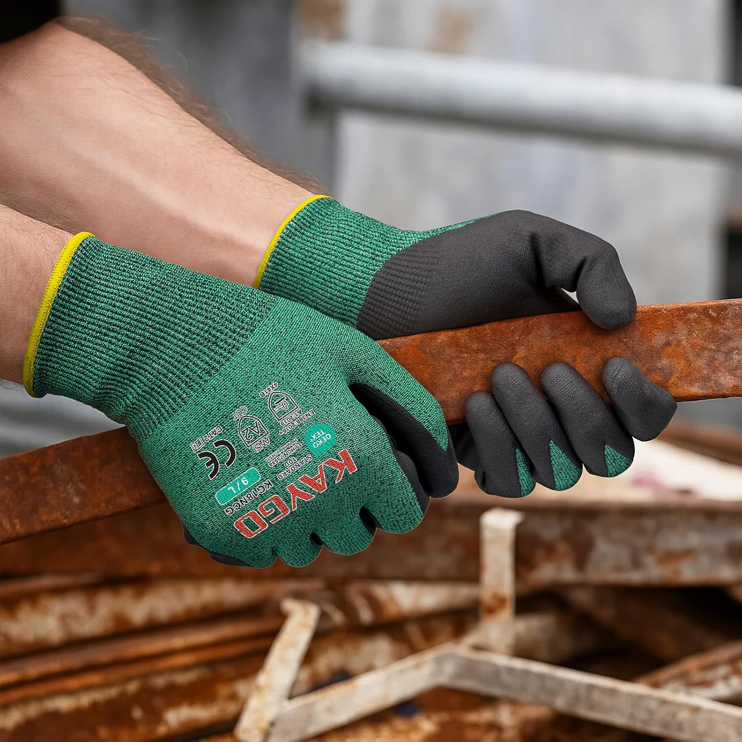 KAYGO Safety Work Gloves MicroFoam Nitrile Coated, 3 Pairs KG18N, Cut Resistant Glove with Abrasion and Oil Resistant Grip, ANSI Cut Level A2, S, Green