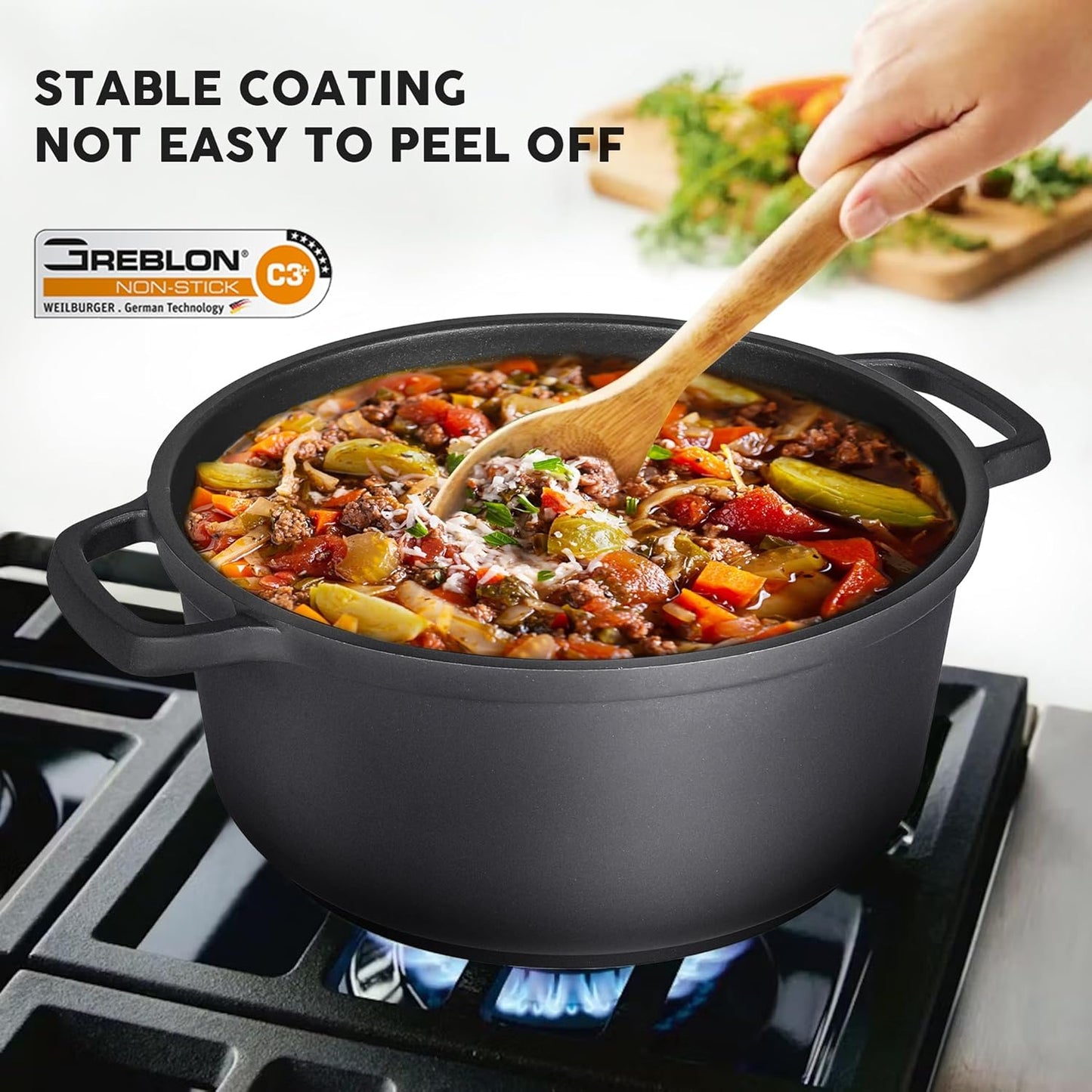 Nonstick Dutch Oven Pot with Lid-5 QT Cast Aluminum Oven Pot with Two Handles Lightweight for Bread Baking Braising and Roasting(Black)