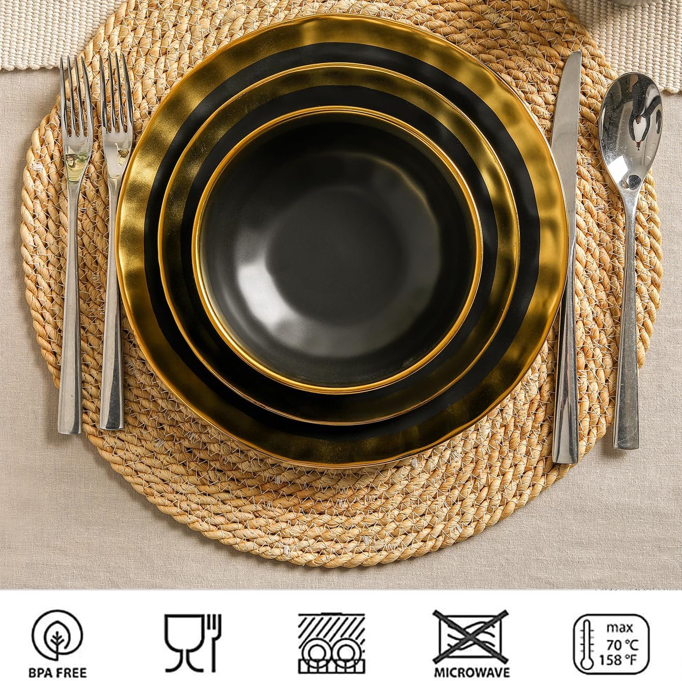 vicrays Ceramic Salad Bowls Set for Kitchen, Serving - 24 Ounce Soup Bowls, Pasta Bowls, Chip Resistant, Dishwasher Safe, NOT Microwave Safe, Fluted, Stoneware, Set of 6 (Black with Golden)