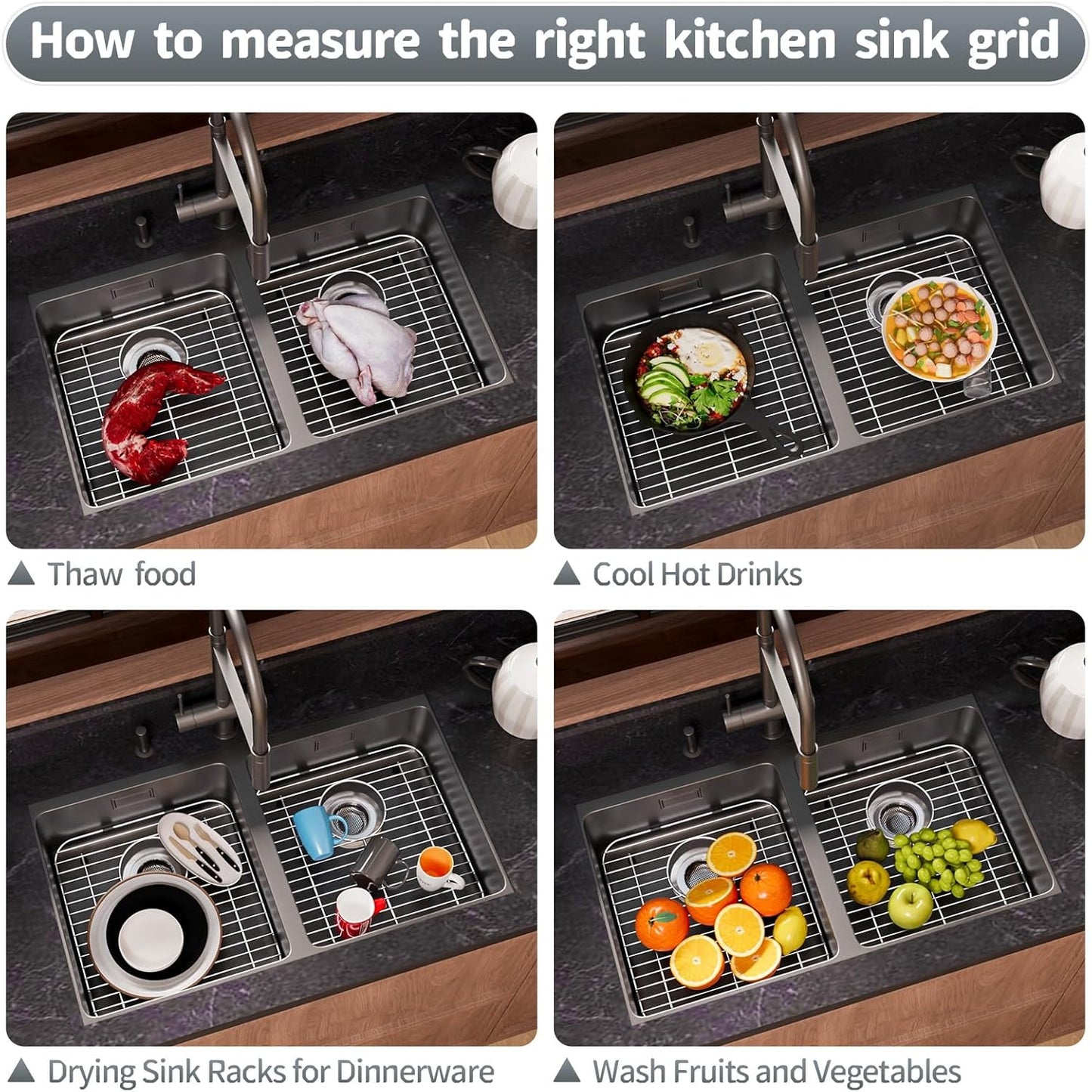 Stainless Steel Sink Protectors for Kitchen Sink, 13.12’’x11.6’’ Sink Protector Grid with Rear Drain, Rust Resistant Sink Grate for Bottom of Kitchen Sink with Sink Drain Strainer