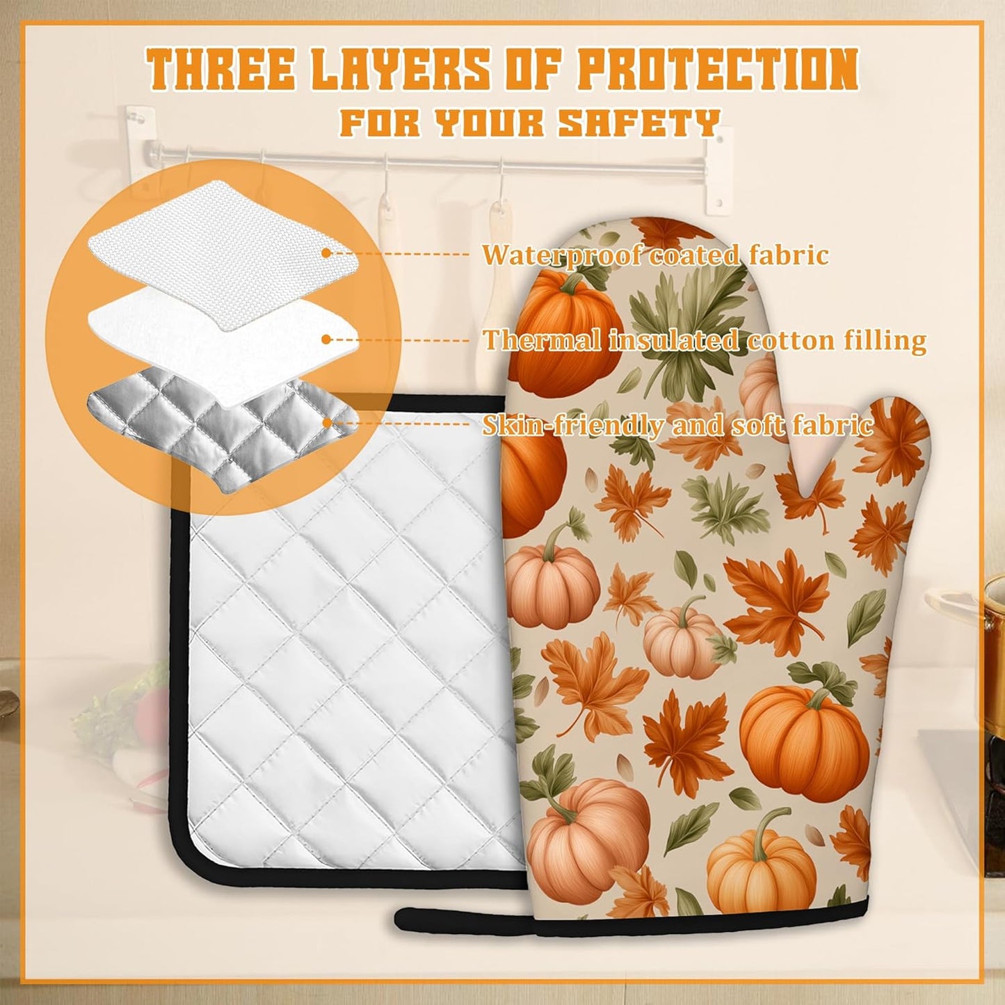 Fall Pumpkin Oven Mitts and Pot Holders,Maple Leaf Heat Resistant Oven Mitts Gloves and Pot Holder for Home Kitchen Decorations Cooking Baking BBQ Gifts,Set of 4