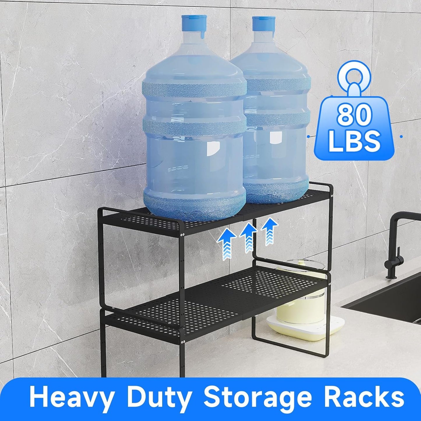 Expandable Cabinet Shelf Organizers, Kitchen Small Stand Rack Organization for Tabletop Countertop Cupborad Pantry, Black 2 Pack