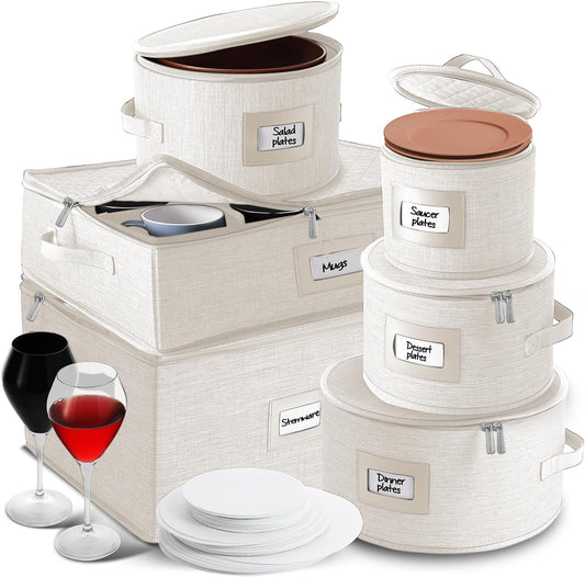Hearth & Harbor Fine China Storage Containers, 6 Piece Dish Storage Containers, Stackable Plate Storage, Coffee Mug Storage and Wine Glass Storage Box with Dividers, Quilted Dish Organizers, Cream