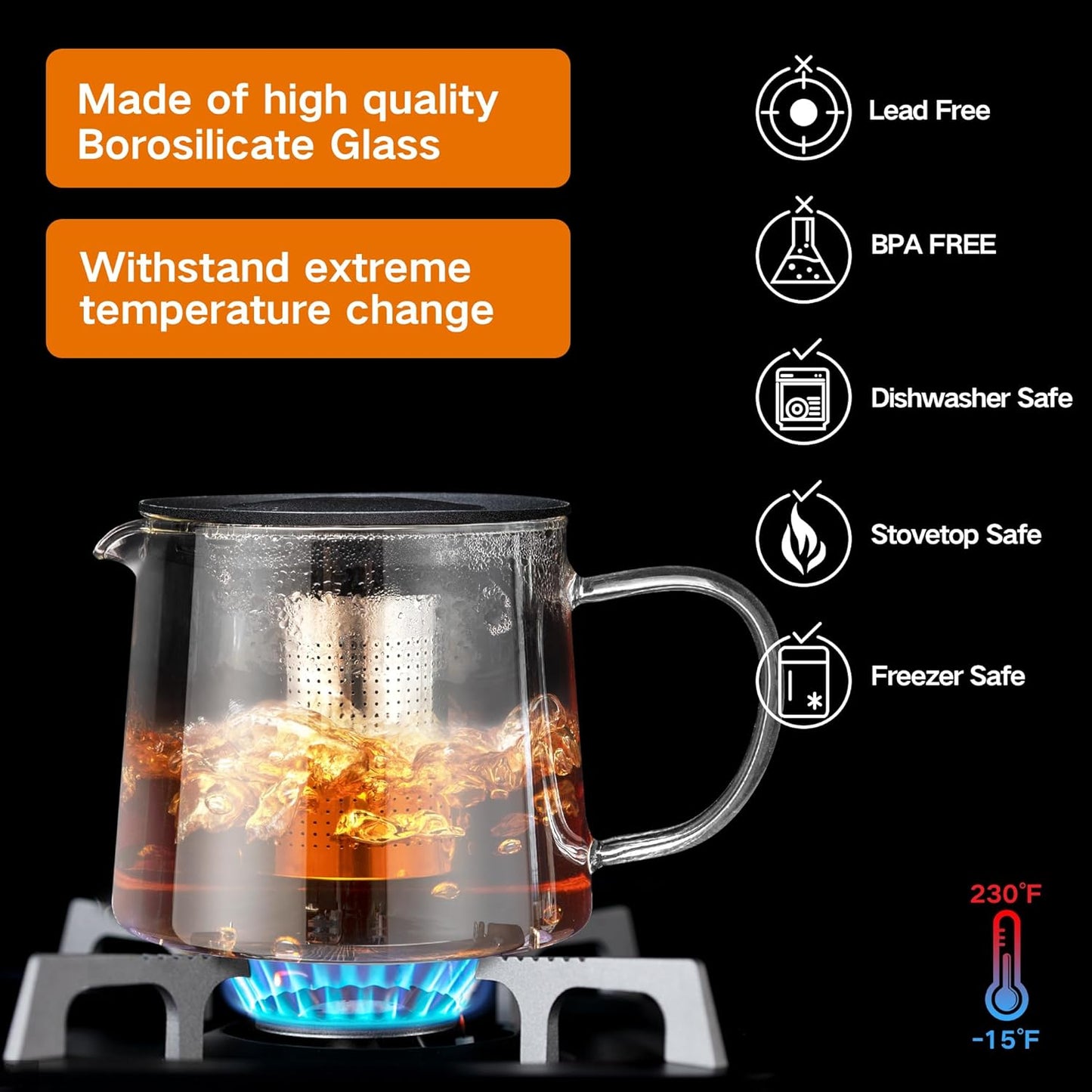 Glass Teapot 34oz/1000ml with Removable Stainless Steel Infuser Tea pot, Heatproof Borosilicate Glass Tea Make, Stovetop Safe Glass Tea Kettle for Loose and Blooming Leaf Tea