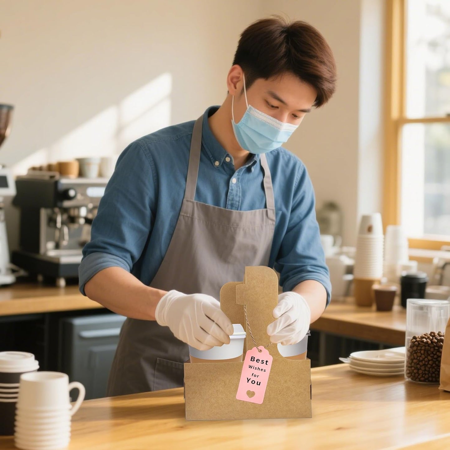 2 Cup Drink Carrier,8 Pack Coffee Cup Holders with Handle,Cardboard Cup Holders for Hot or Cold Drinks,Coffee Carrier with Ribbon and Card,Food Delivery Services and Bouquet(Pink)