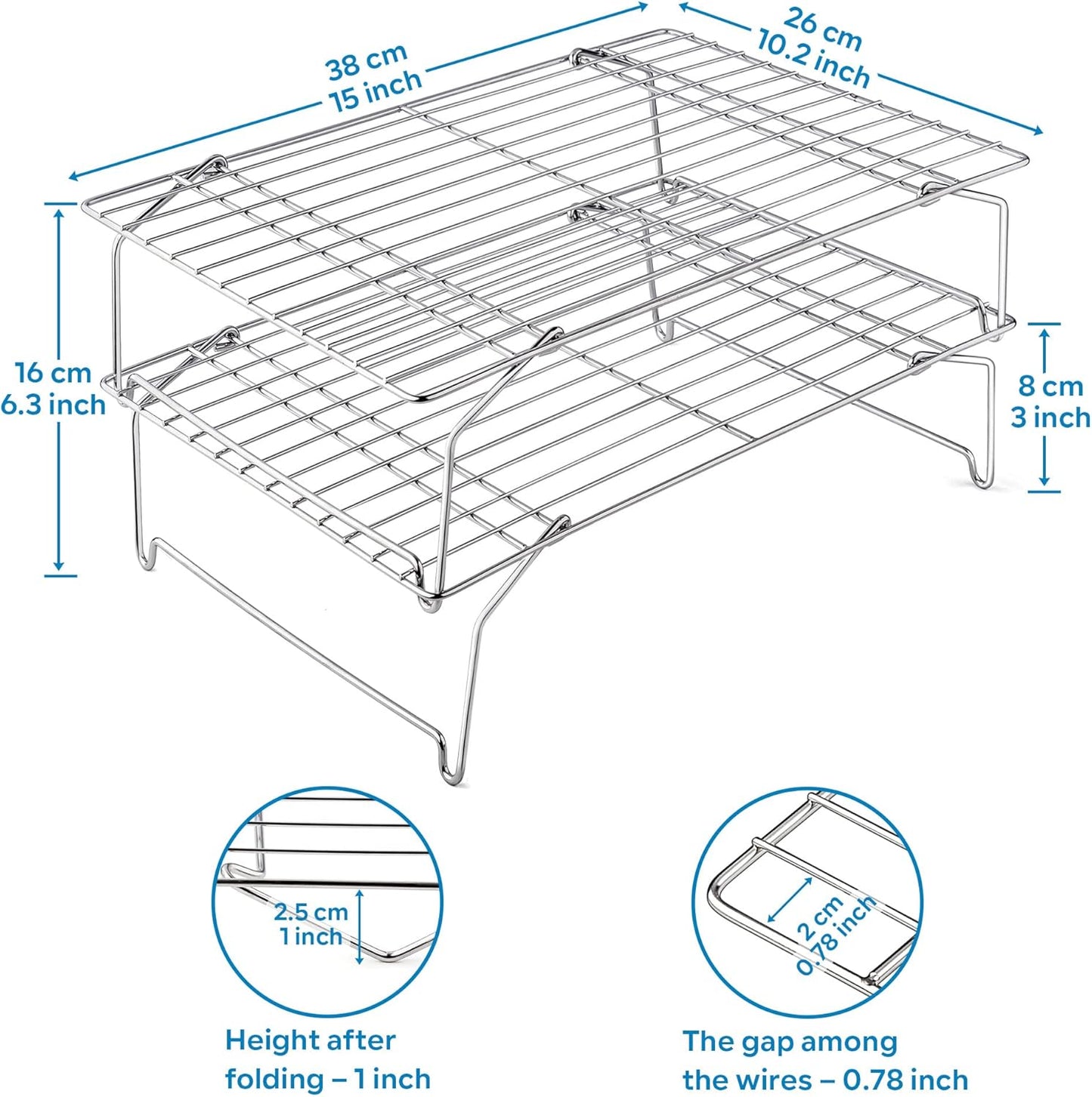 15IN x 10IN Cooling Baking Rack Set of 2, Leonyo 2-Tier Stackable Stainless Steel Wire Baking Cooking Racks Set for Cookie, Pizza, Cup Cake, Raised & Folding Feet
