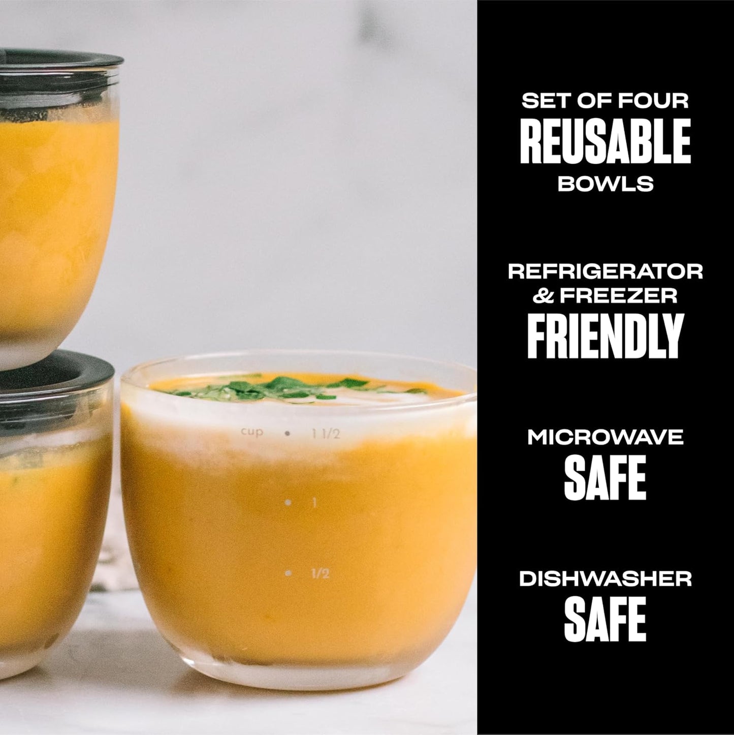 S'well 12oz Glass Prep Bowl Set of 4 for Easy Meal Prep, Black, Durable Tempered Glass, Nesting Design Compatible with 21.5oz S'well Eats Containers