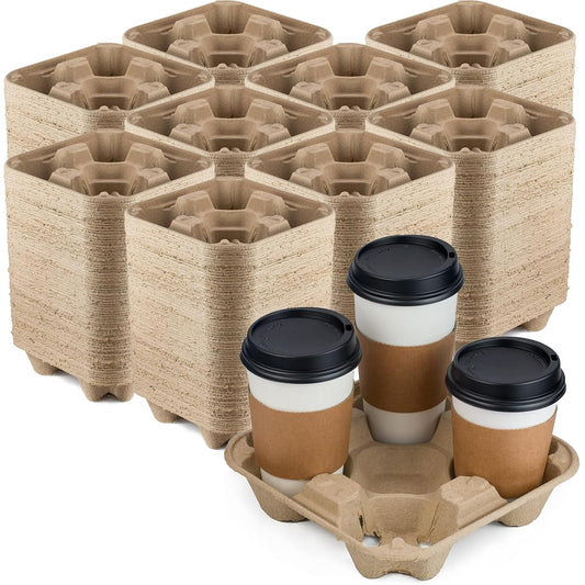 FMP Brands 4 Cup Disposable Drink Carrier Trays, 320 Pack Compostable Pulp Fiber Cup Holder for 8-32oz Cup, Durable to Go Coffee Cup Holders for Delivery Service, Uber Eats