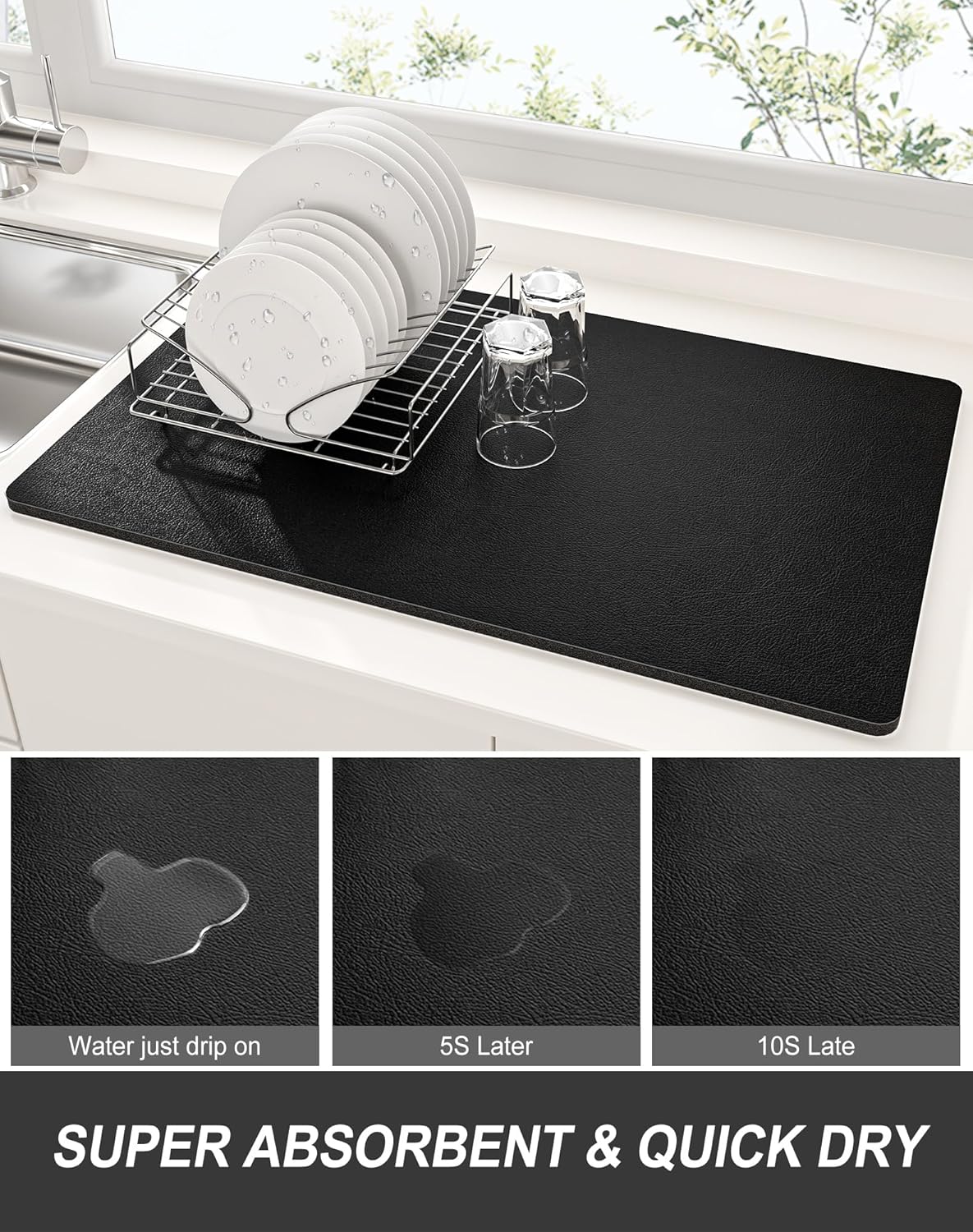 Rnivvi Dish Drying Mat for Kitchen Counter, 12 x 19" Super Absorbent Drainer Pad Easy Clean Dish Rack Pad, Non-Slip Heat Resistant Coffee Bar Mats for Coffee Machine Station Accessories Decor, Black